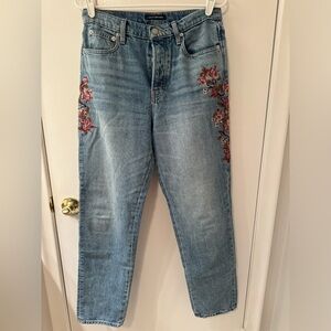 Lucky Brand High Rise Drew Mom jean w/ embroidered flowers.